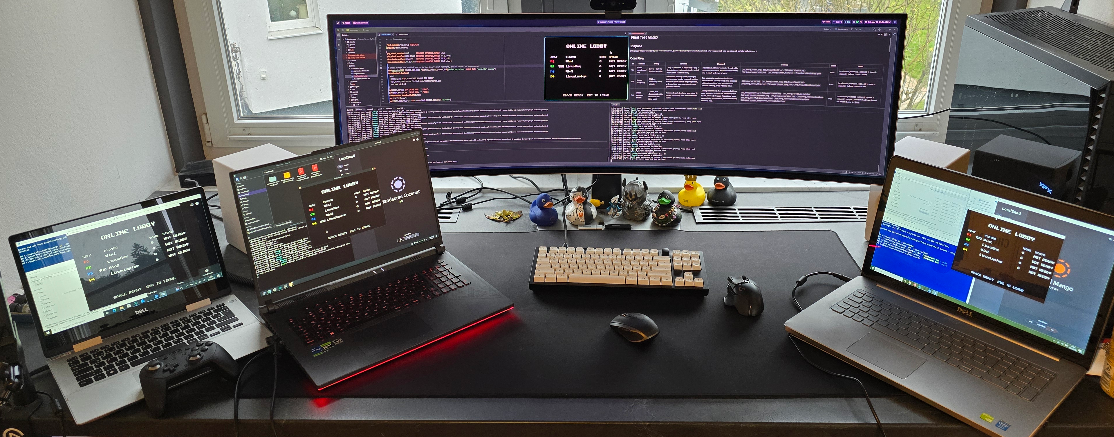 Real multi-machine LAN and internet test setup used during retained multiplayer runs